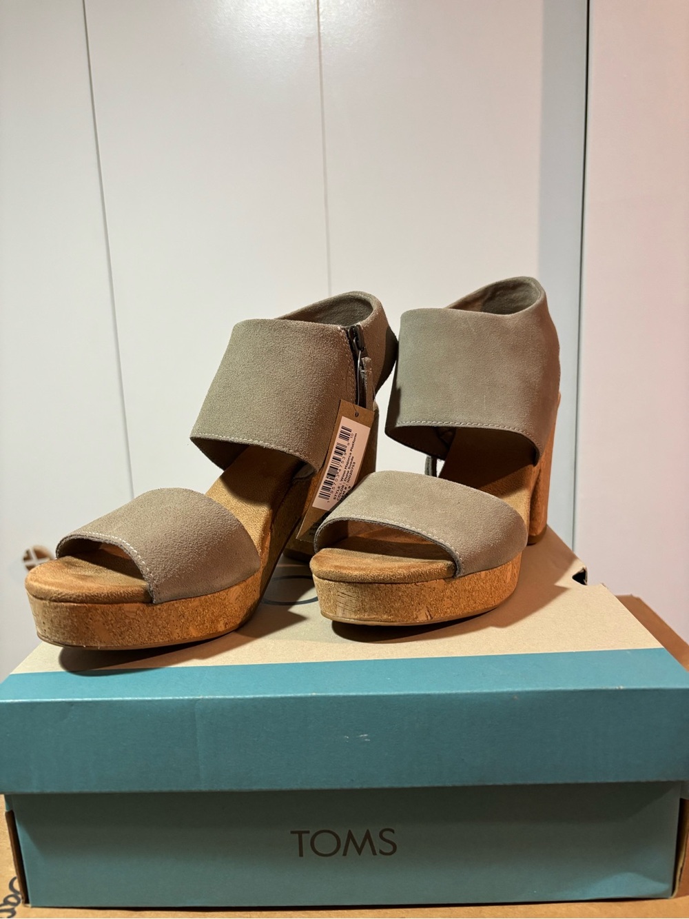 Toms Taupe Suede Cork Platform Sandals